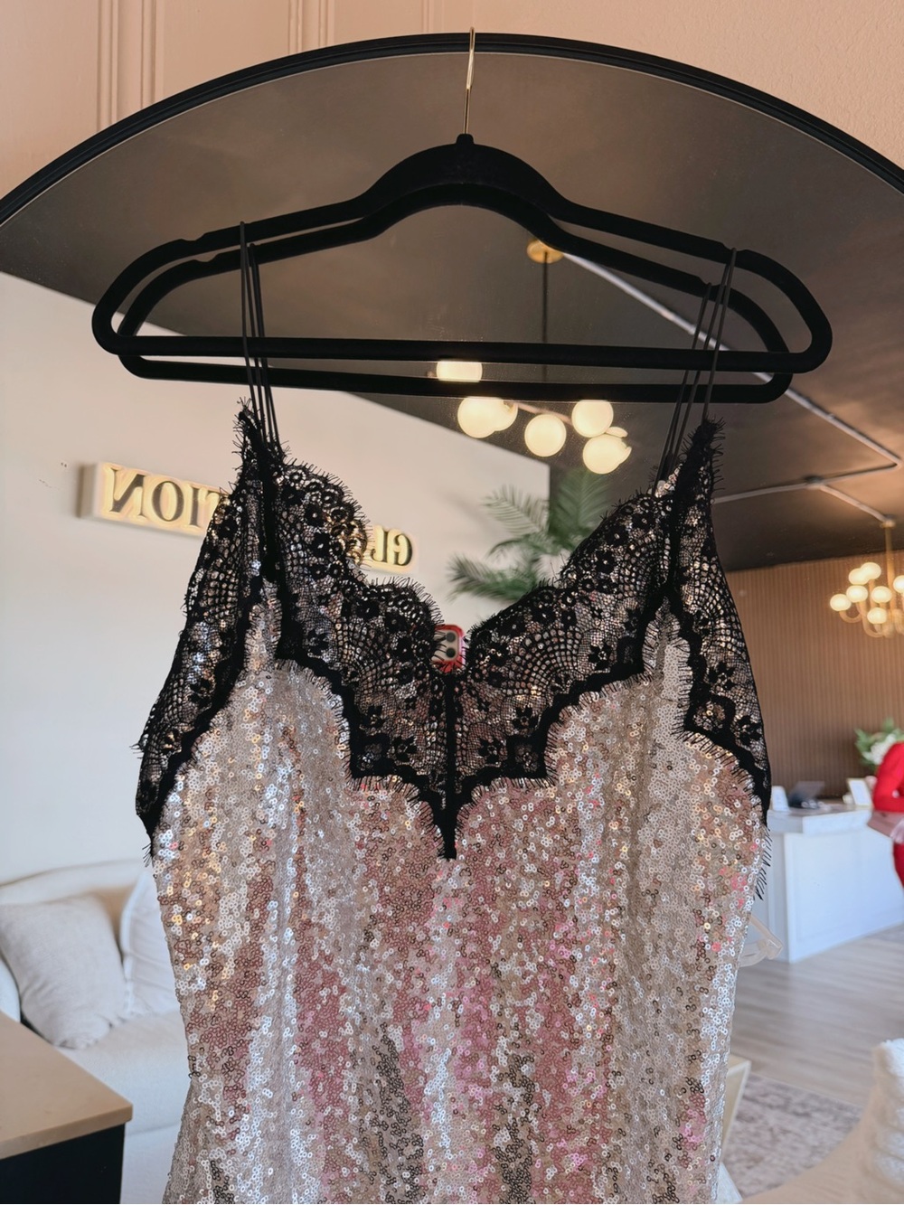 Fashion Nova Silver Sequin Slip with Black Lace